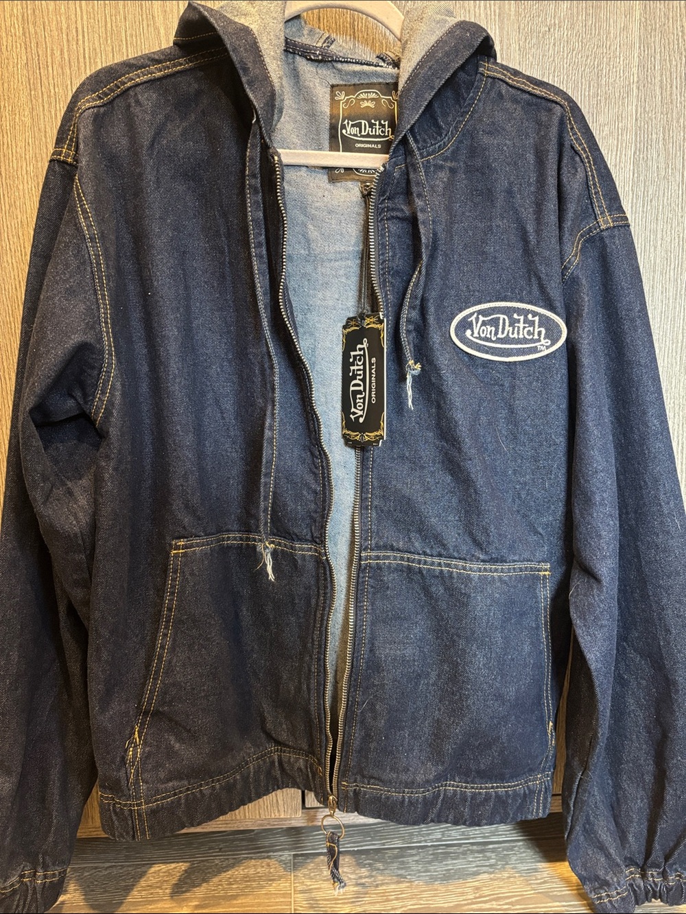 Von Dutch Dark Blue Denim Hooded Jacket with Logo Patch